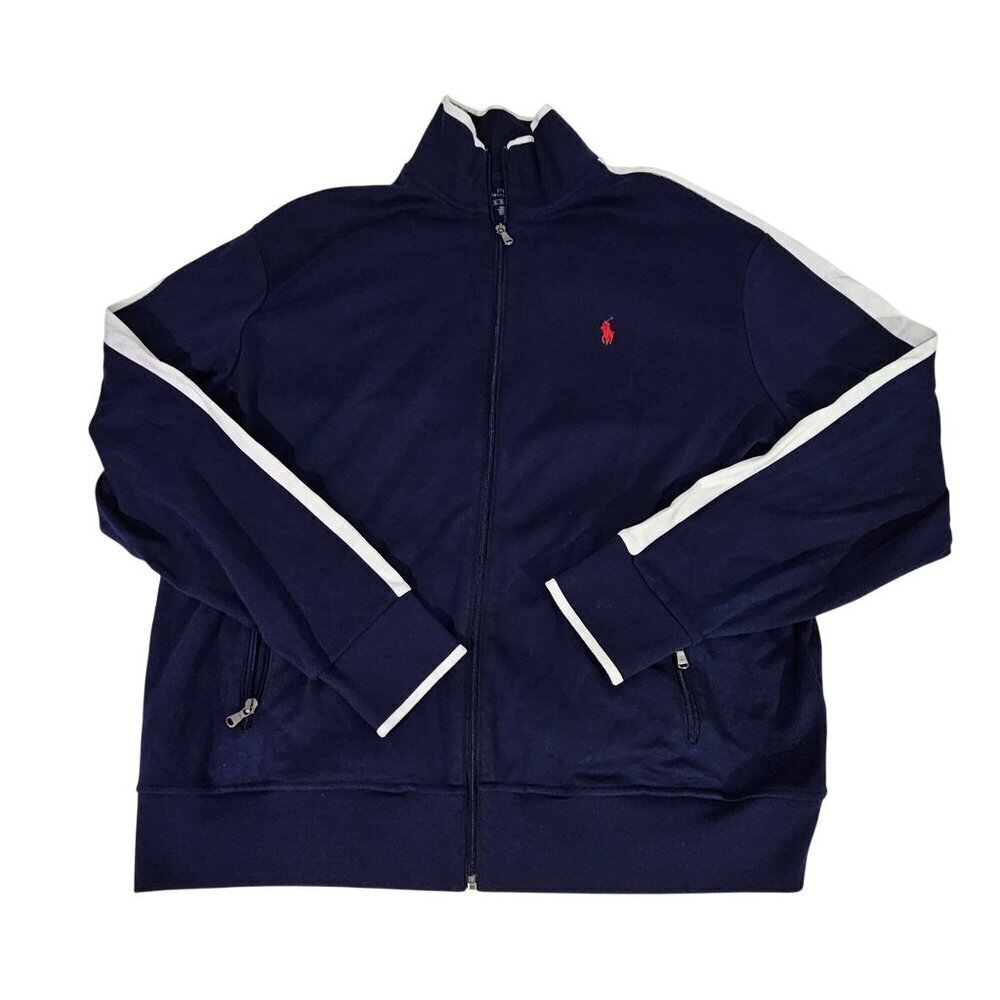 Polo Ralph Lauren Navy Track Jacket XL Full-Zip Cotton Blend With White Stripes
